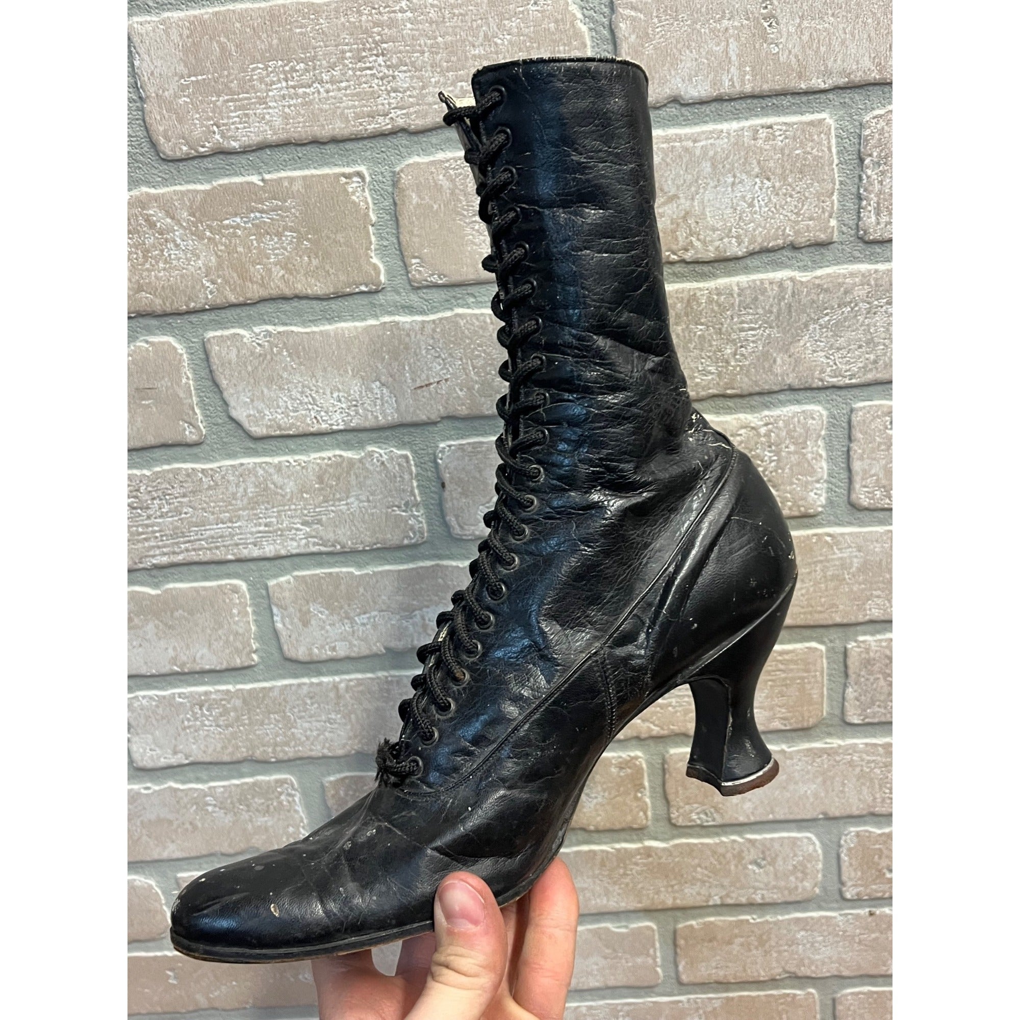 Antique 19th c. Victorian Black Leather Lace-Up Boots Edwardian 1890s Tall 10.5"