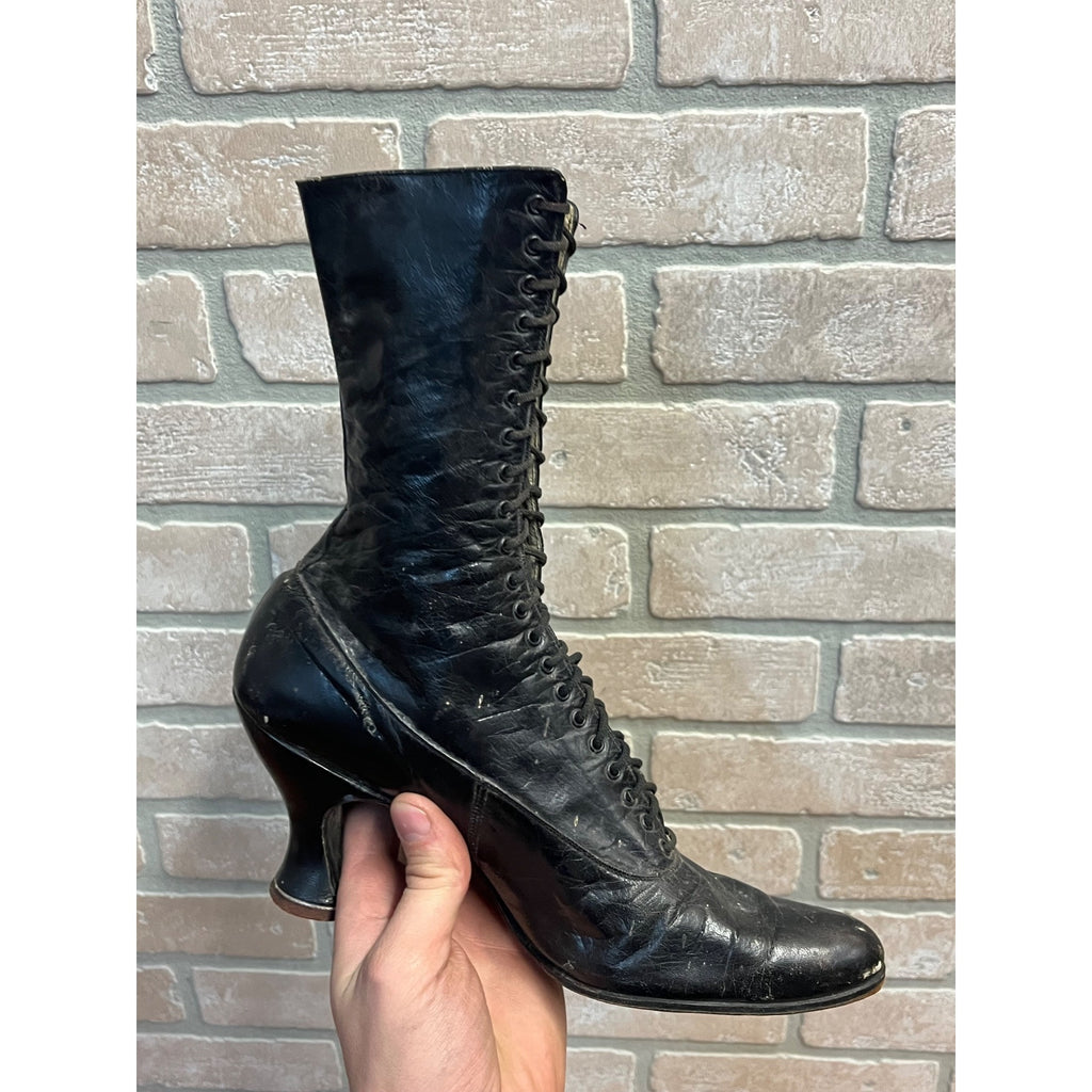Antique 19th c. Victorian Black Leather Lace-Up Boots Edwardian 1890s Tall 10.5"
