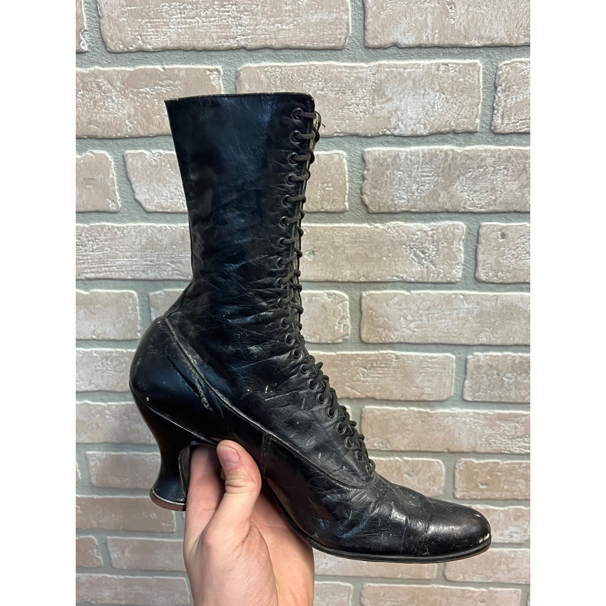 Antique 19th c. Victorian Black Leather Lace-Up Boots Edwardian 1890s Tall 10.5"