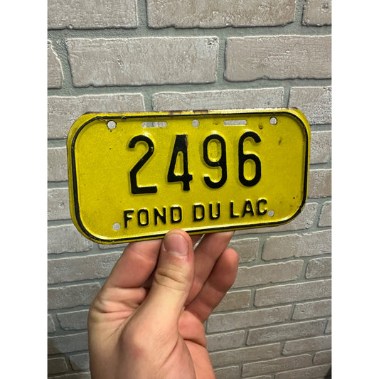 Vintage Fond du Lac Wisconsin Yellow Bicycle Bike License Plate - 1960s?