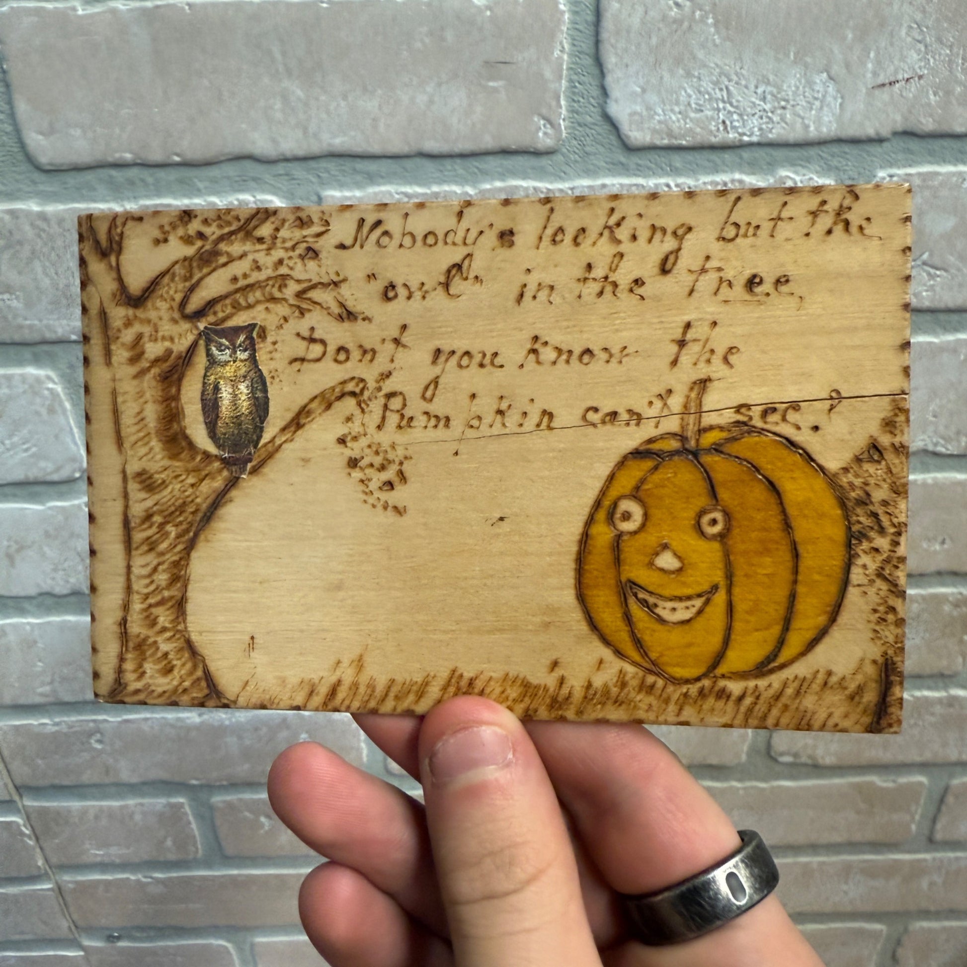 1908 Antique Wooden Pyrography Halloween Postcard – Owl & Pumpkin