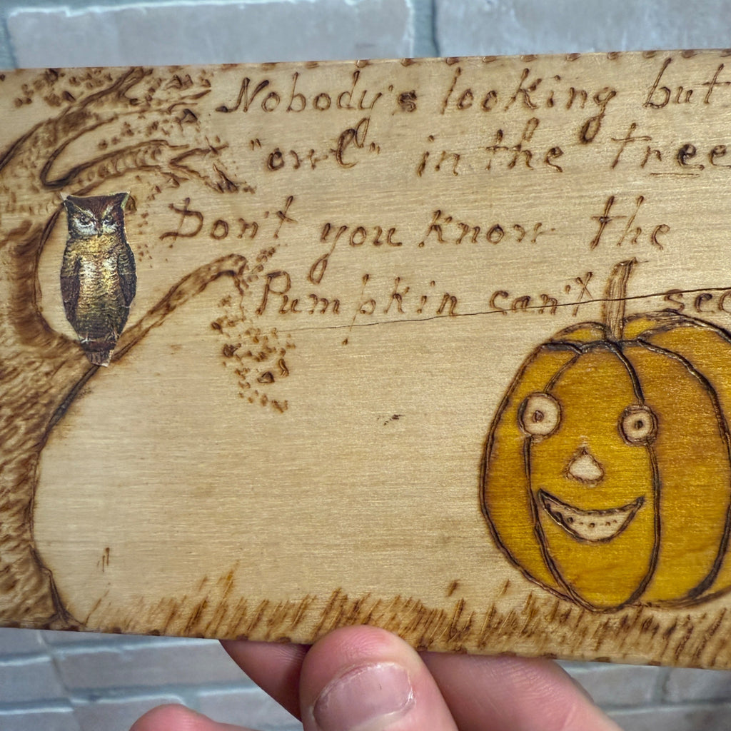 1908 Antique Wooden Pyrography Halloween Postcard – Owl & Pumpkin