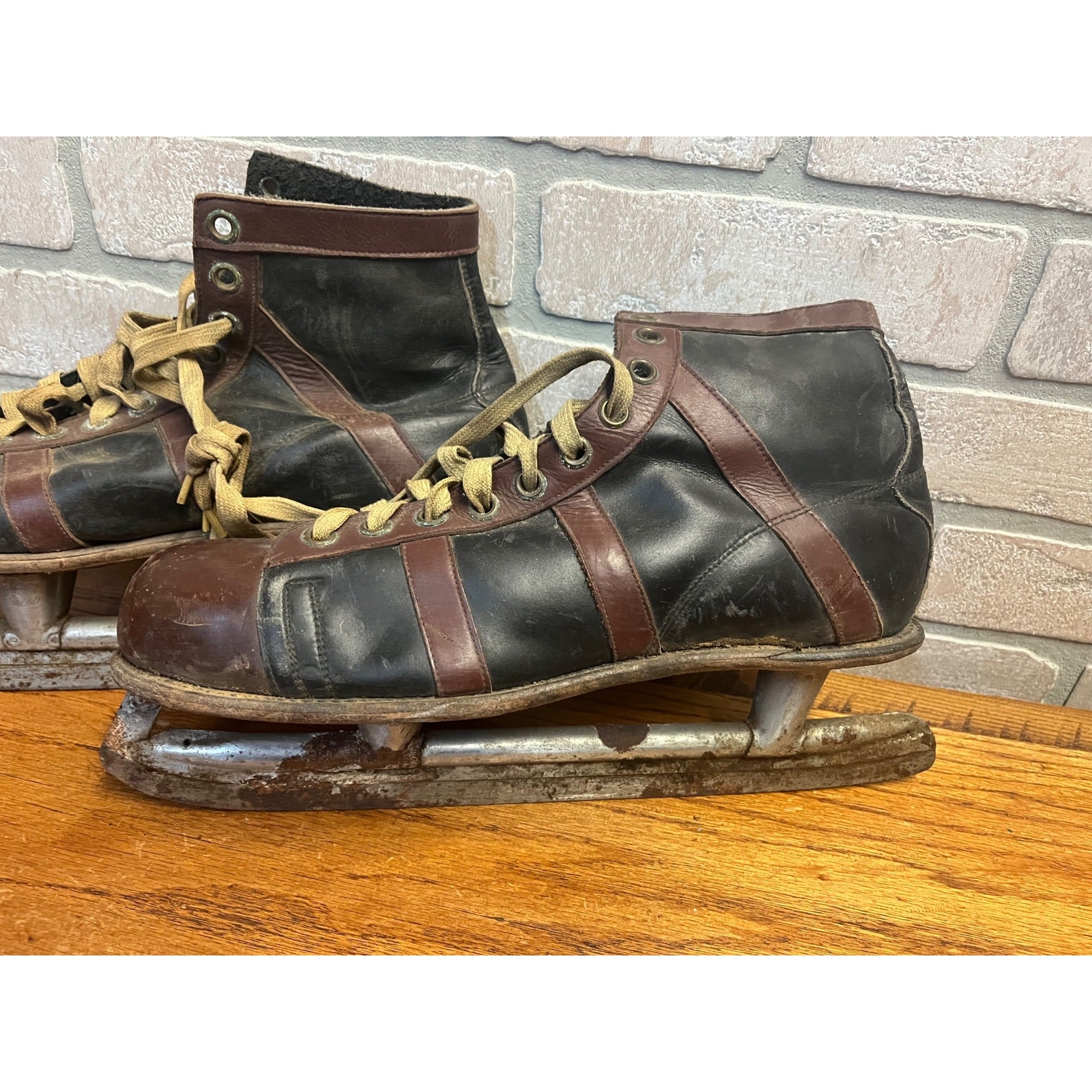 Antique Vintage 1920s Black & Brown Leather Ice Skates Winter Christmas Primitive Farmhouse Decor