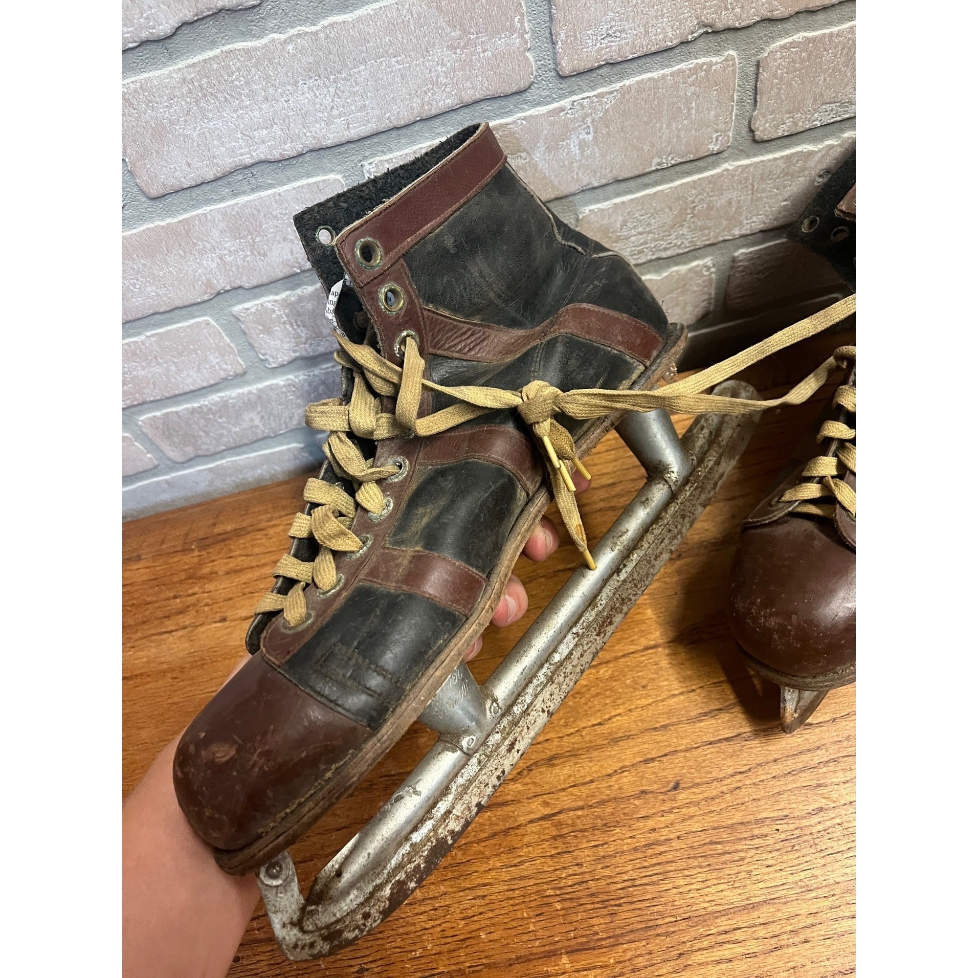 Antique Vintage 1920s Black & Brown Leather Ice Skates Winter Christmas Primitive Farmhouse Decor