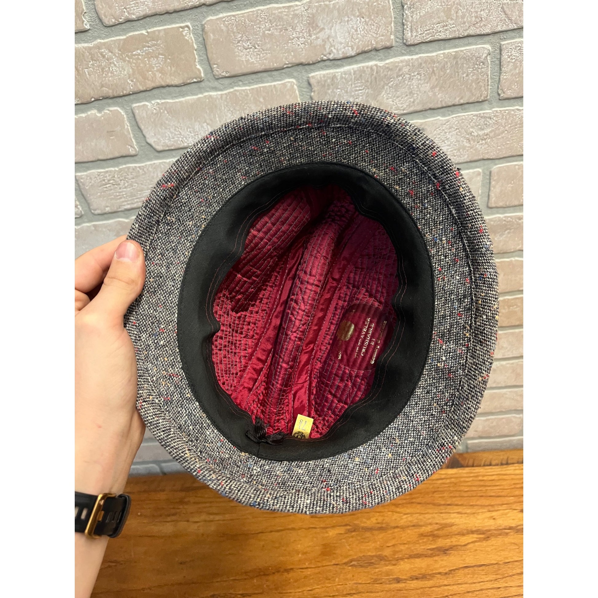 Vintage Country Gentlemen Traveler Curshable Tweed Men's Hat Red Feather 7-1/8