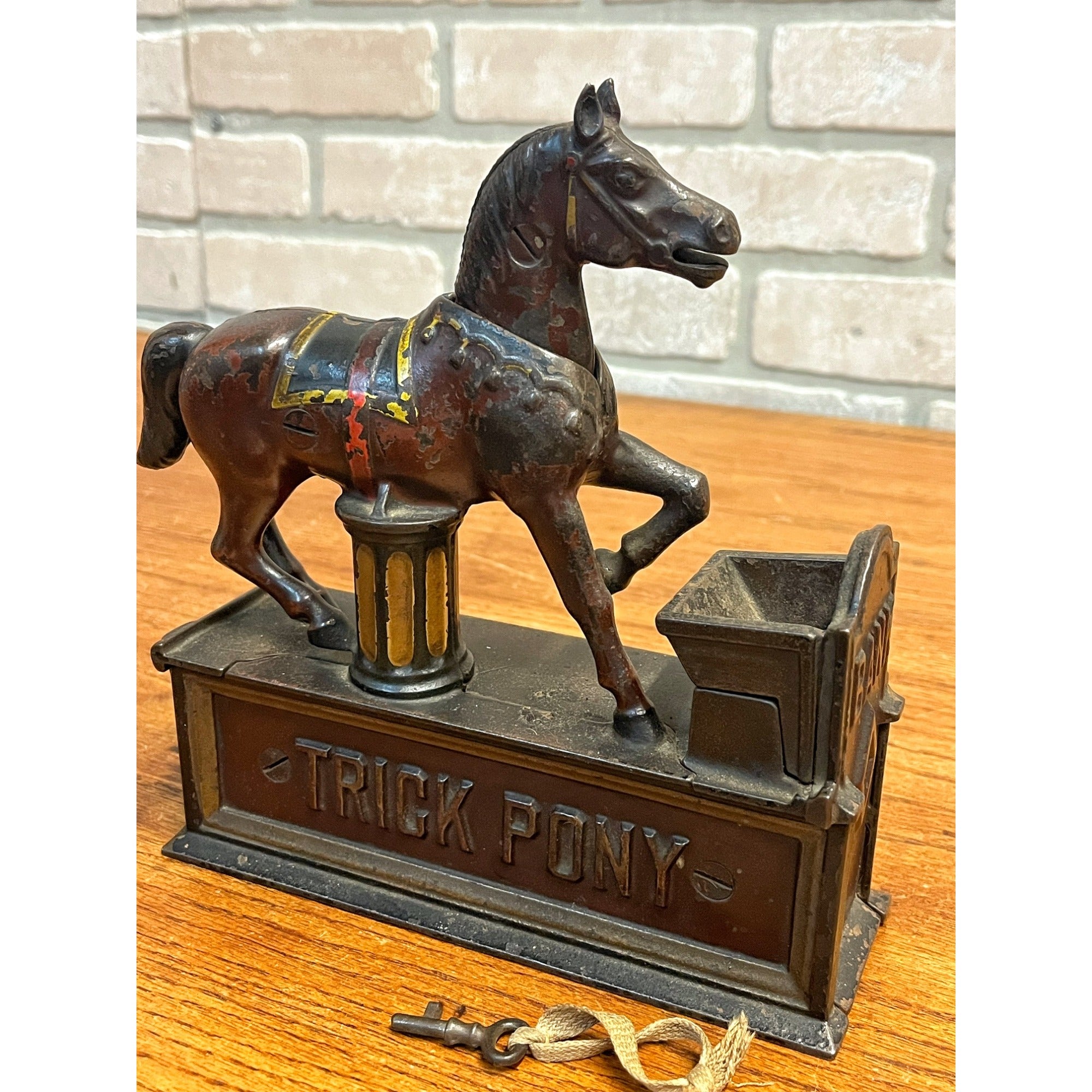 Antique Original 1885 Trick Pony Mechanical Bank & Key Shepard Hardware