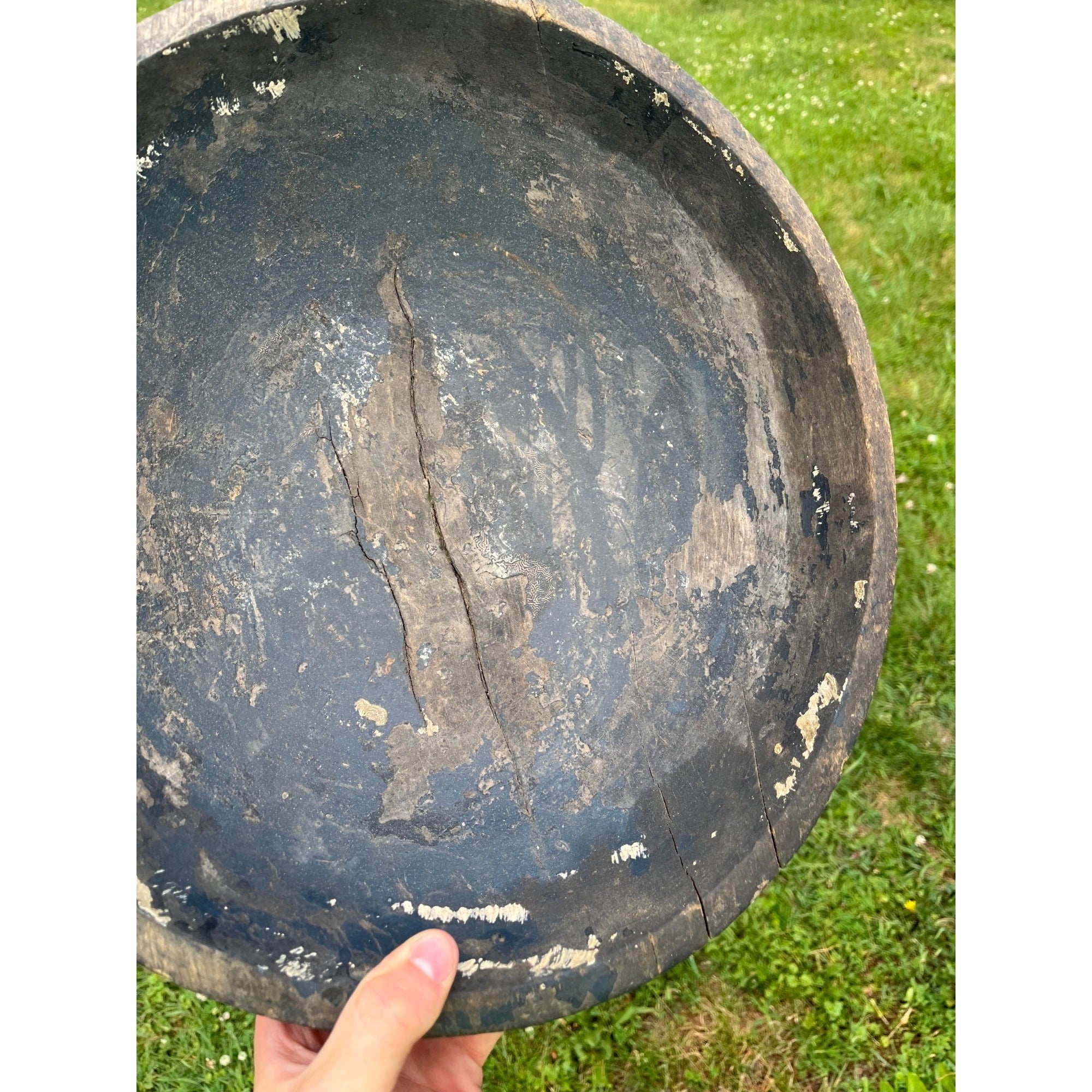 Antique Primitive Hand Turned Wooden Dough Bowl Old Black Paint AAFA Farmhouse