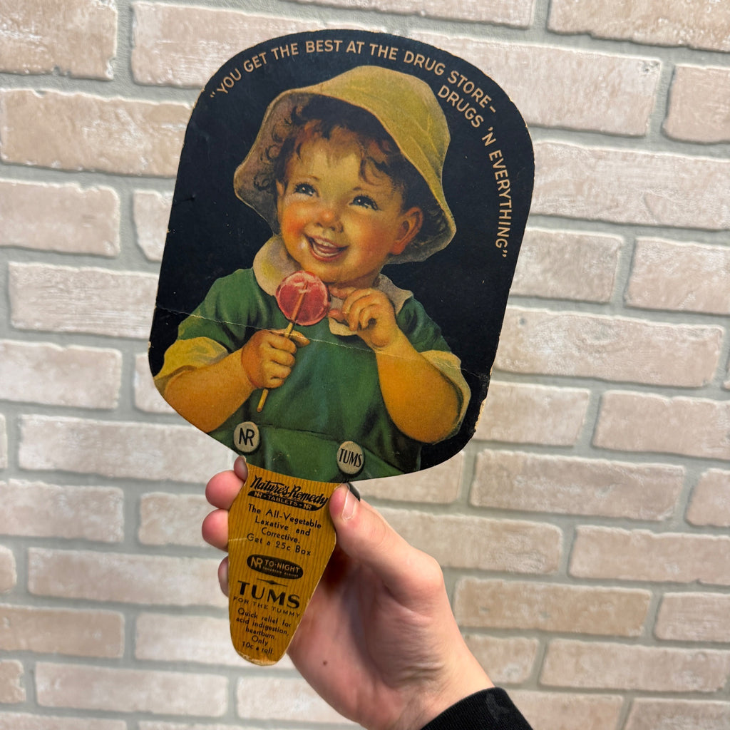 Vintage 1920s Nature's Remedy Tums Advertising Hand Fan Litho Sign