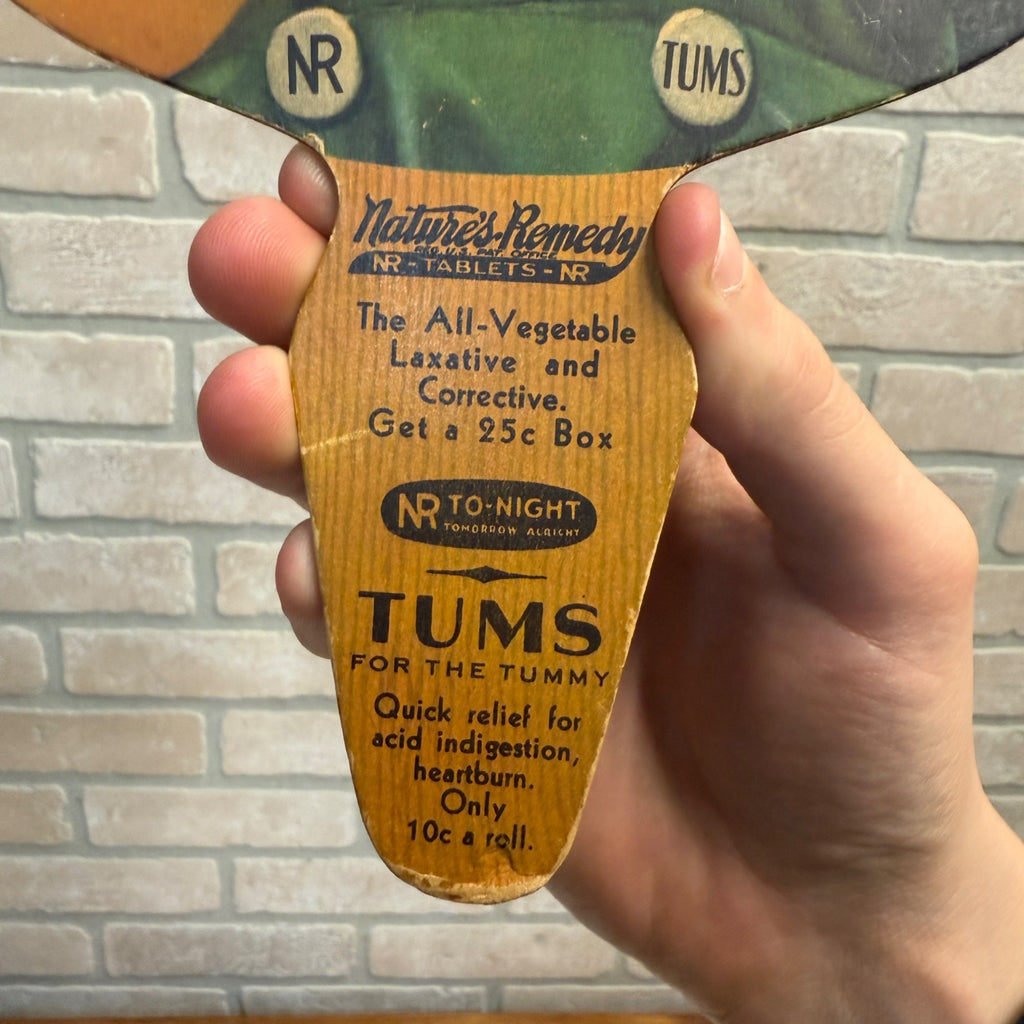 Vintage 1920s Nature's Remedy Tums Advertising Hand Fan Litho Sign