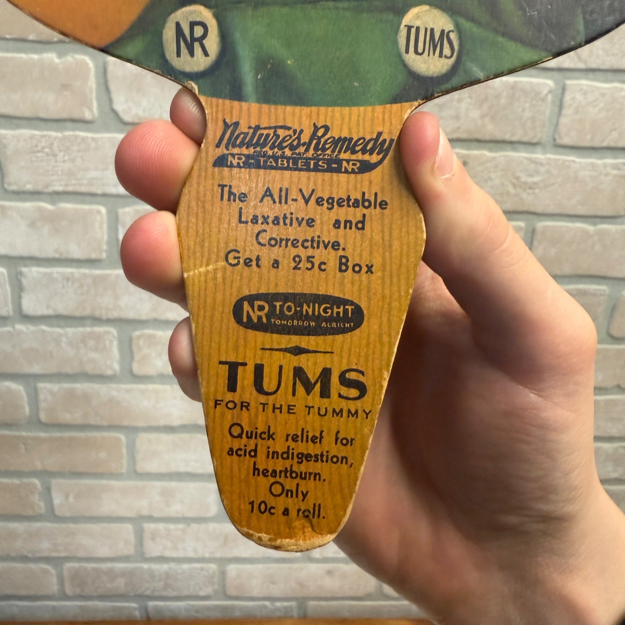 Vintage 1920s Nature's Remedy Tums Advertising Hand Fan Litho Sign