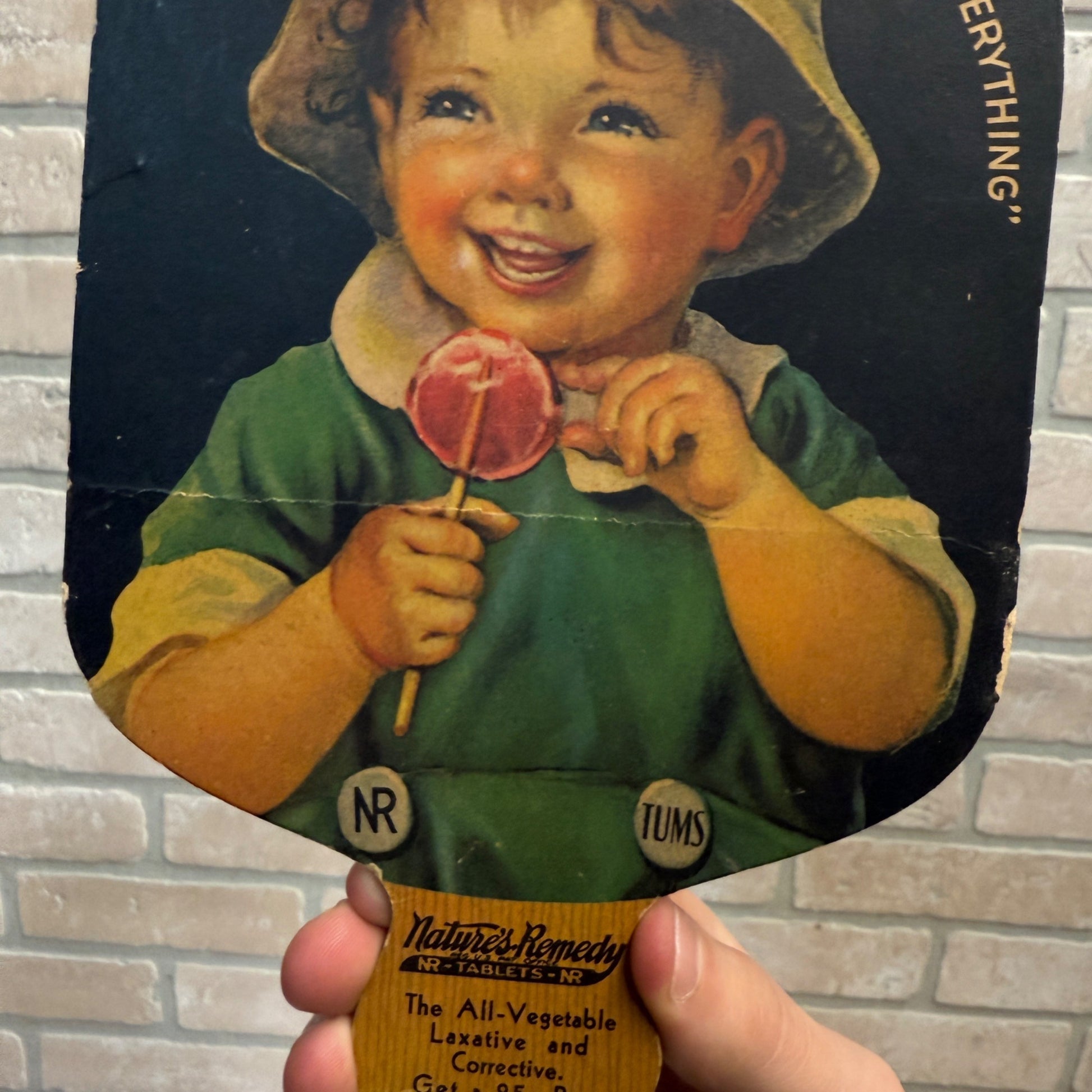 Vintage 1920s Nature's Remedy Tums Advertising Hand Fan Litho Sign