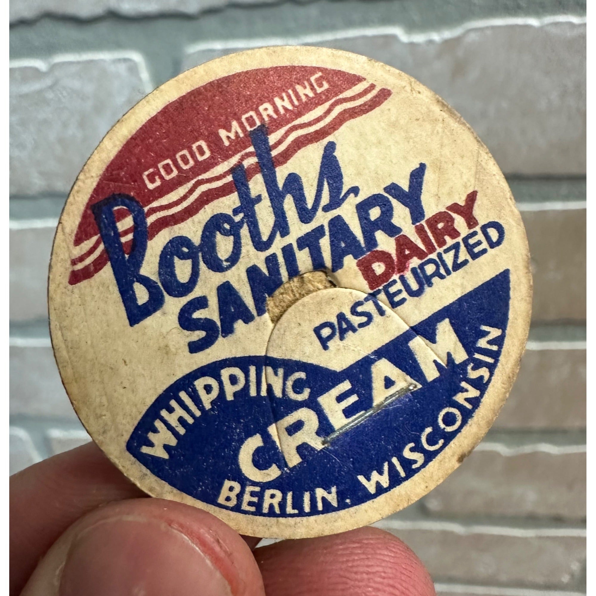 Milk Bottle Cap - Booth's Sanitary Dairy Farm - Berlin, (Wisconsin) Wis WI - Cream