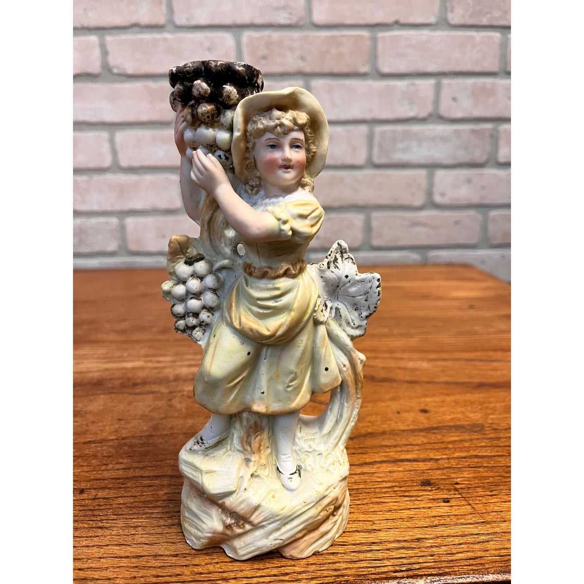 Antique 1890s German Porcelain Figural Candlestick Harvest Girl Grapes #3383