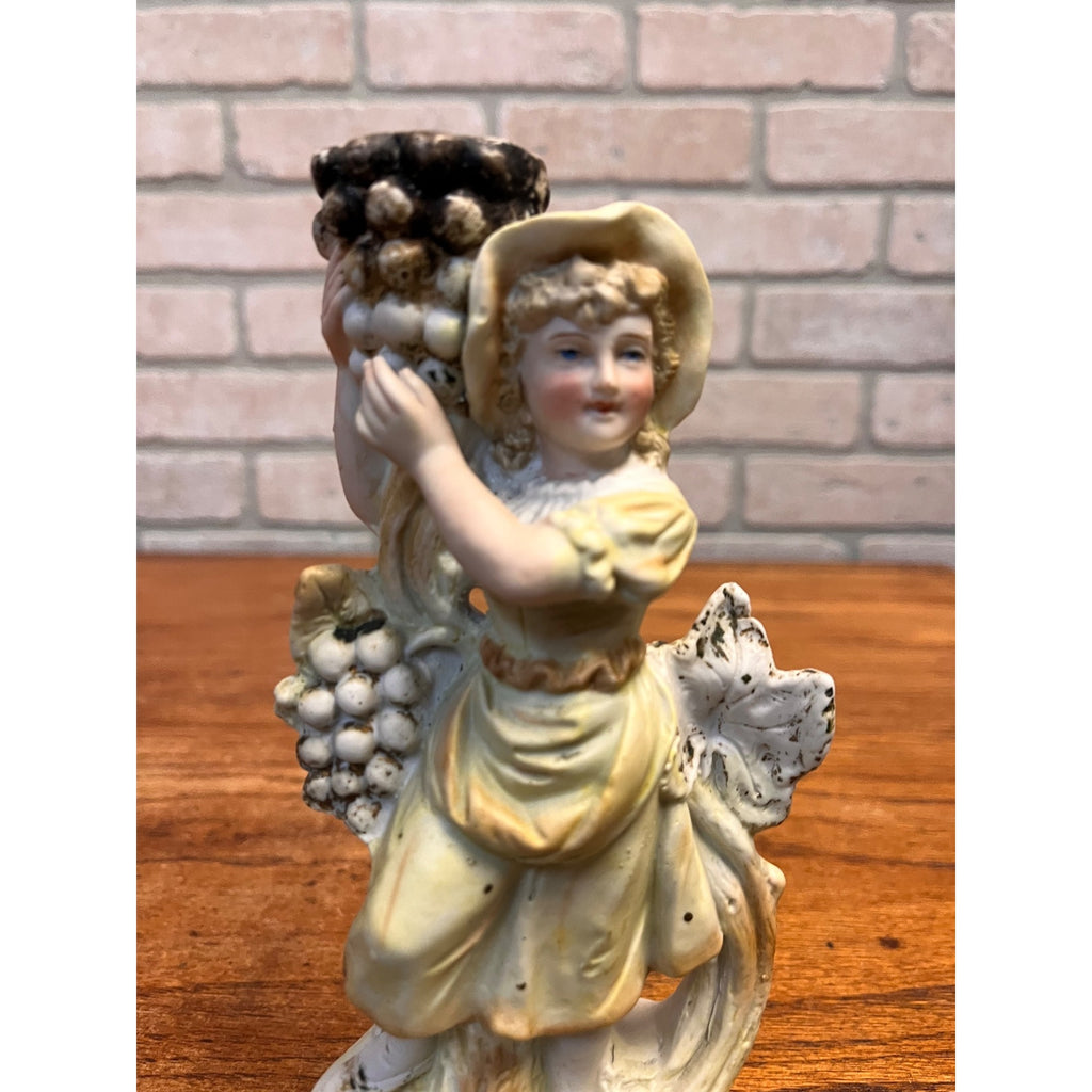 Antique 1890s German Porcelain Figural Candlestick Harvest Girl Grapes #3383