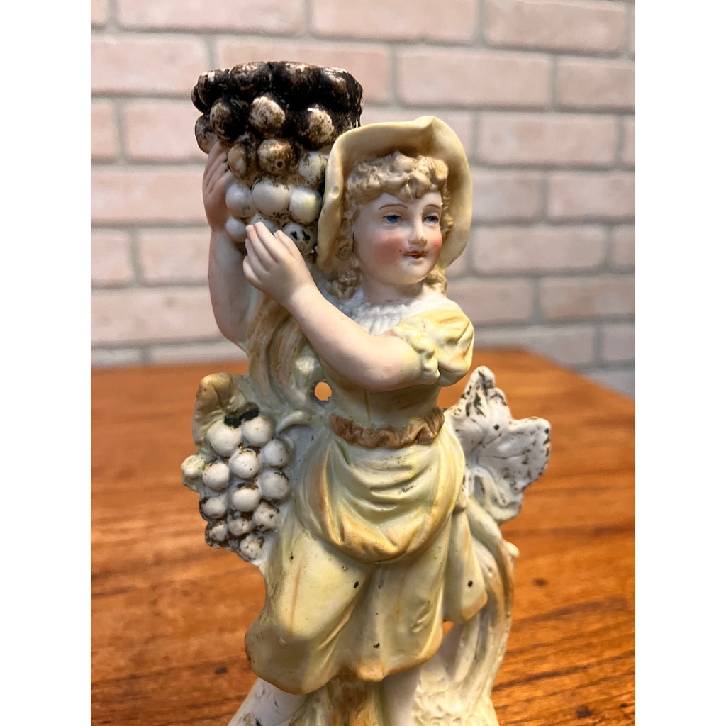Antique 1890s German Porcelain Figural Candlestick Harvest Girl Grapes #3383