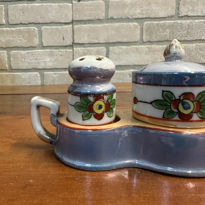 Vintage 1930s Takito Japan Lusterware Salt & Pepper & Mustard Set Floral