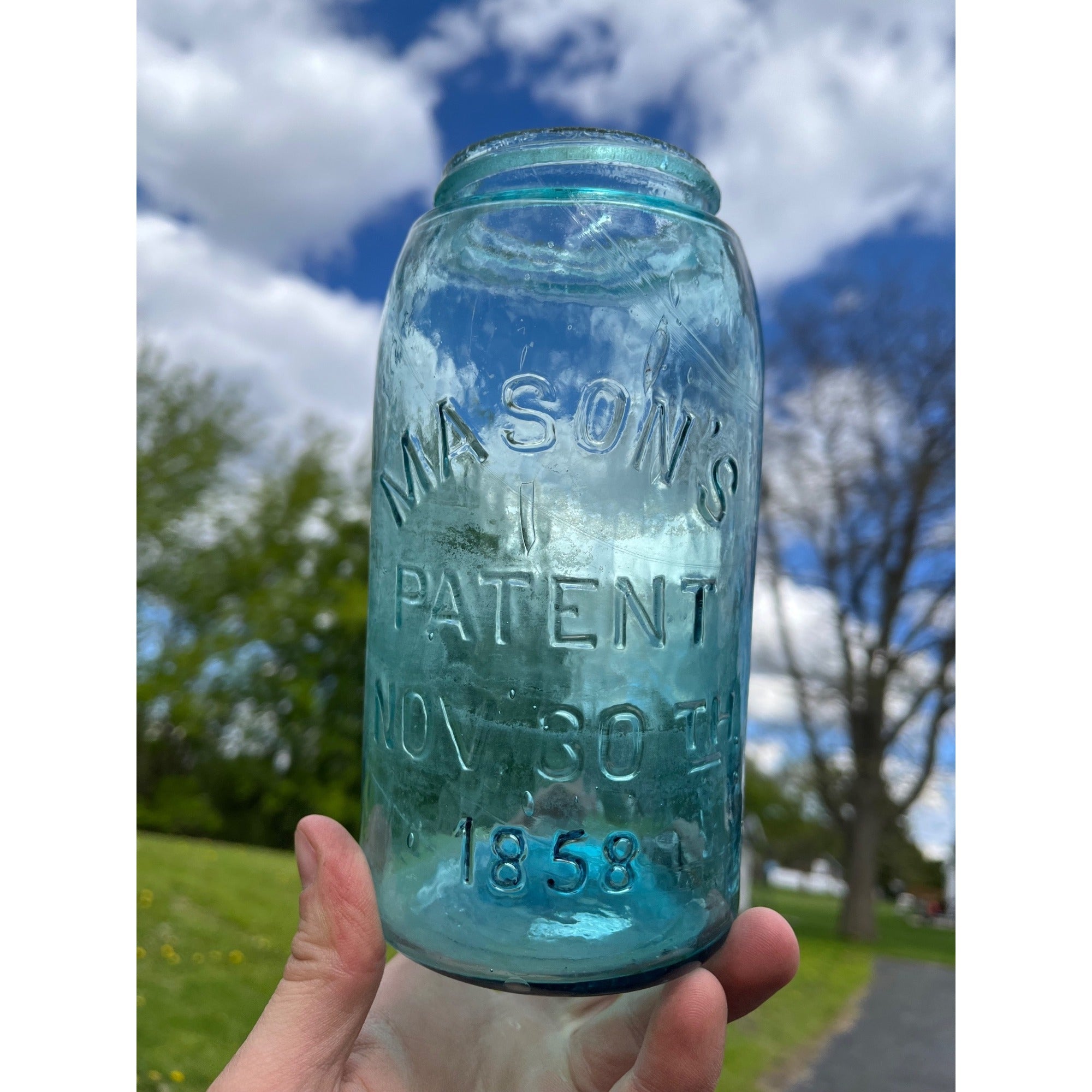 Antique Masons Patent 1858 Quart #25 Aqua Blue Canning Jar