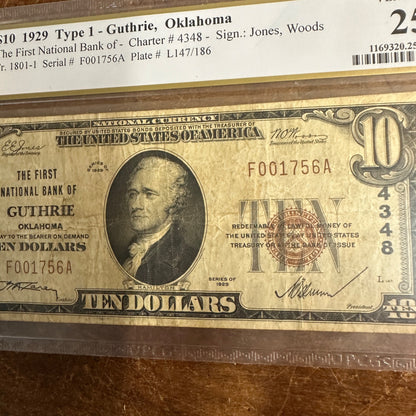 Fr. 1801-1 1929 $10 The First National Bank of Guthrie Oklahoma PCGS 25 VERY FINE