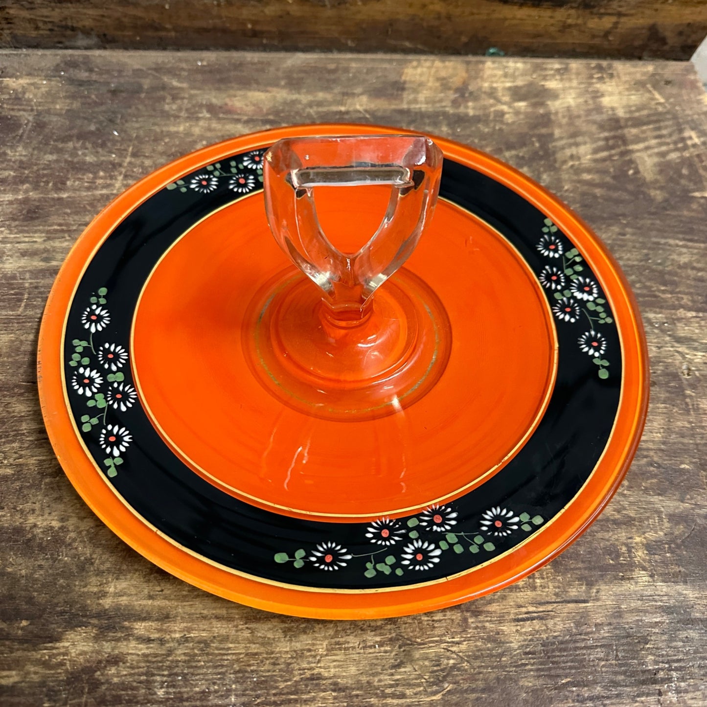 VTG CZECH LANCASTER HANDPAINTED ORANGE BLACK PAINTED FLOWER PLATTER