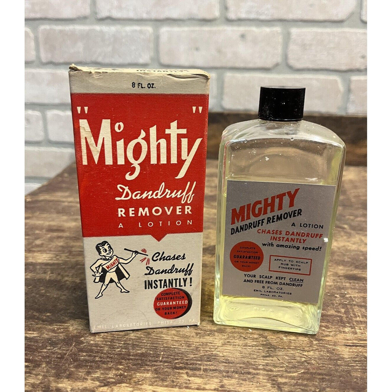 Vintage 1950s Mighty Dandruff Remover Glass Bottle w/ Box NOS  Emil Laboratories