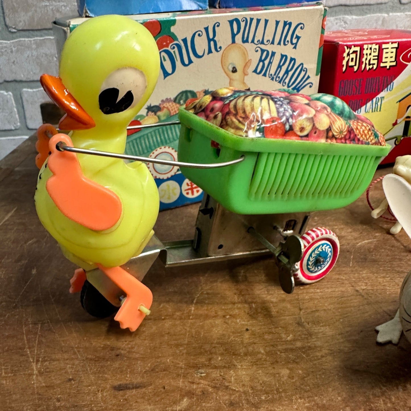 Vintage Lot Tin China Toys Jumping Rabbit Goose Dog Cart Duck Pulling Barrow