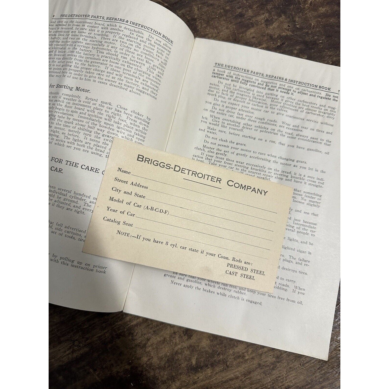 RARE Vintage c1917 Briggs-Detroiter Co. Automobile Manual Models A,B,C,D,F