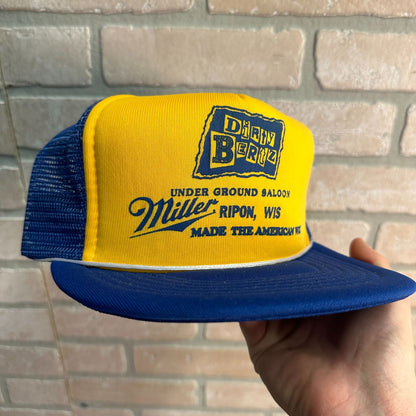 VINTAGE MILLER BEER RIPON WIS DIRTY BERTZ 1980S MESH RETRO SNAPBACK HAT YELLOW