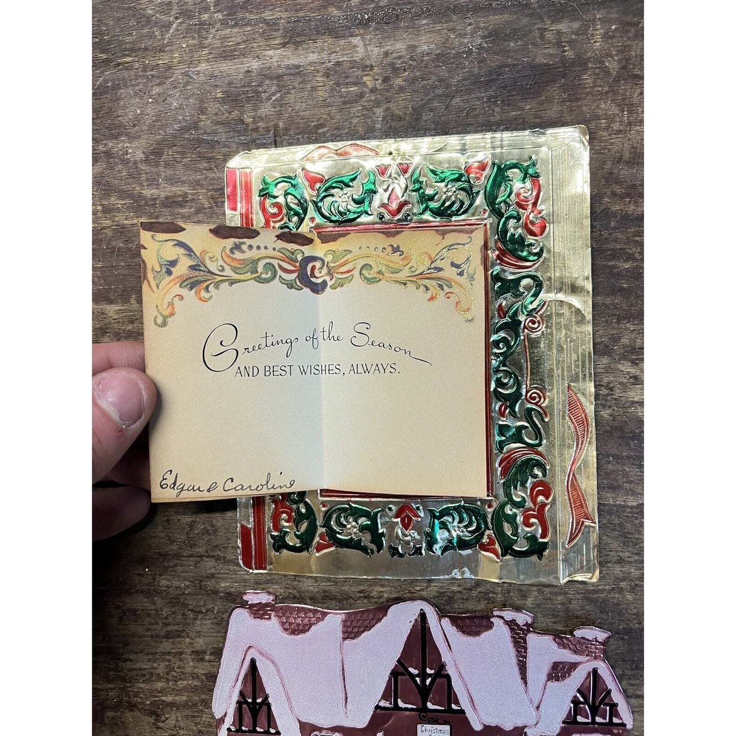 Vintage c1930s Christmas Xmas Metallic Foil Tin Diecut Greeting Cards Lot (2)