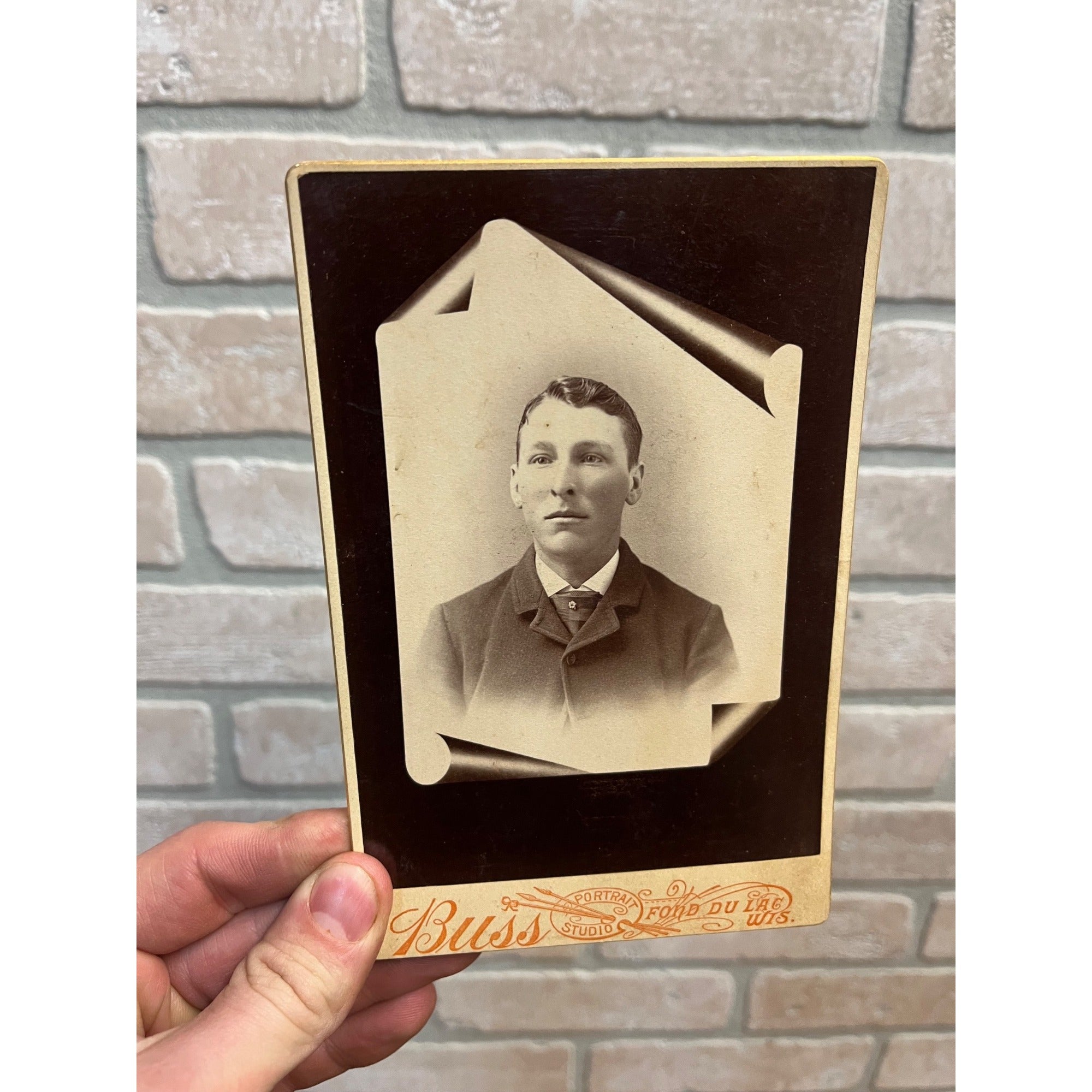 Antique 1890s Cabinet Photo Card Man w/ Peeling Paper Page Effect Fond du Lac WI