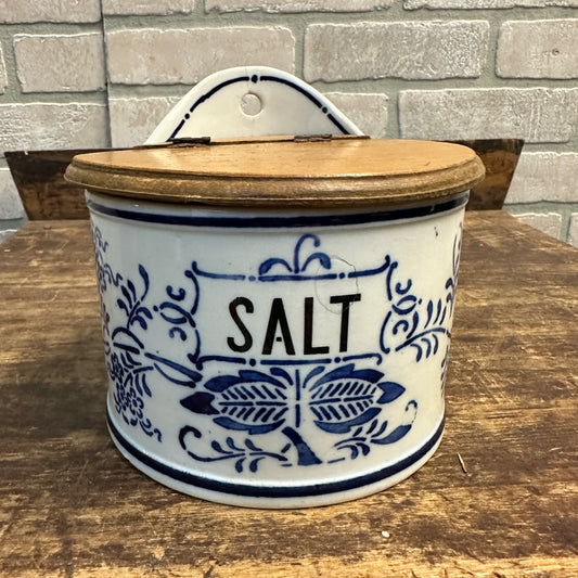Antique Primitive Porcelain Cobalt Blue Pattern Salt Box w/ Lid - As-Is