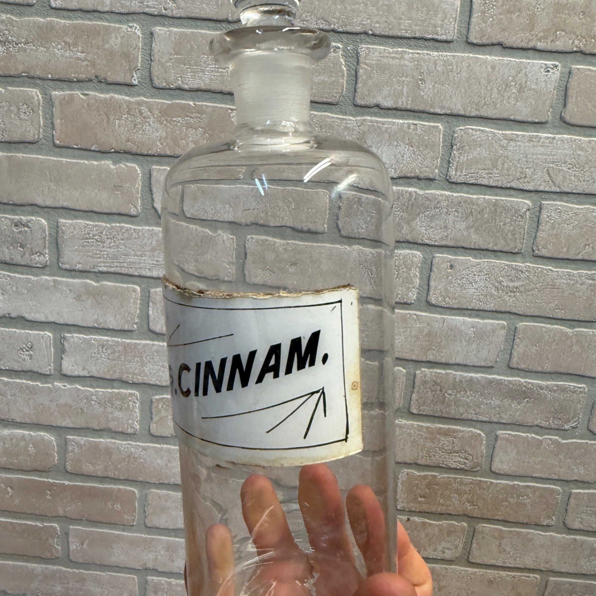 Vintage Glass Pharmacy Apothecary Bottle With Stopper and Glass Label Reading Tr. Cinnam. (Tincture of Cinnamon)