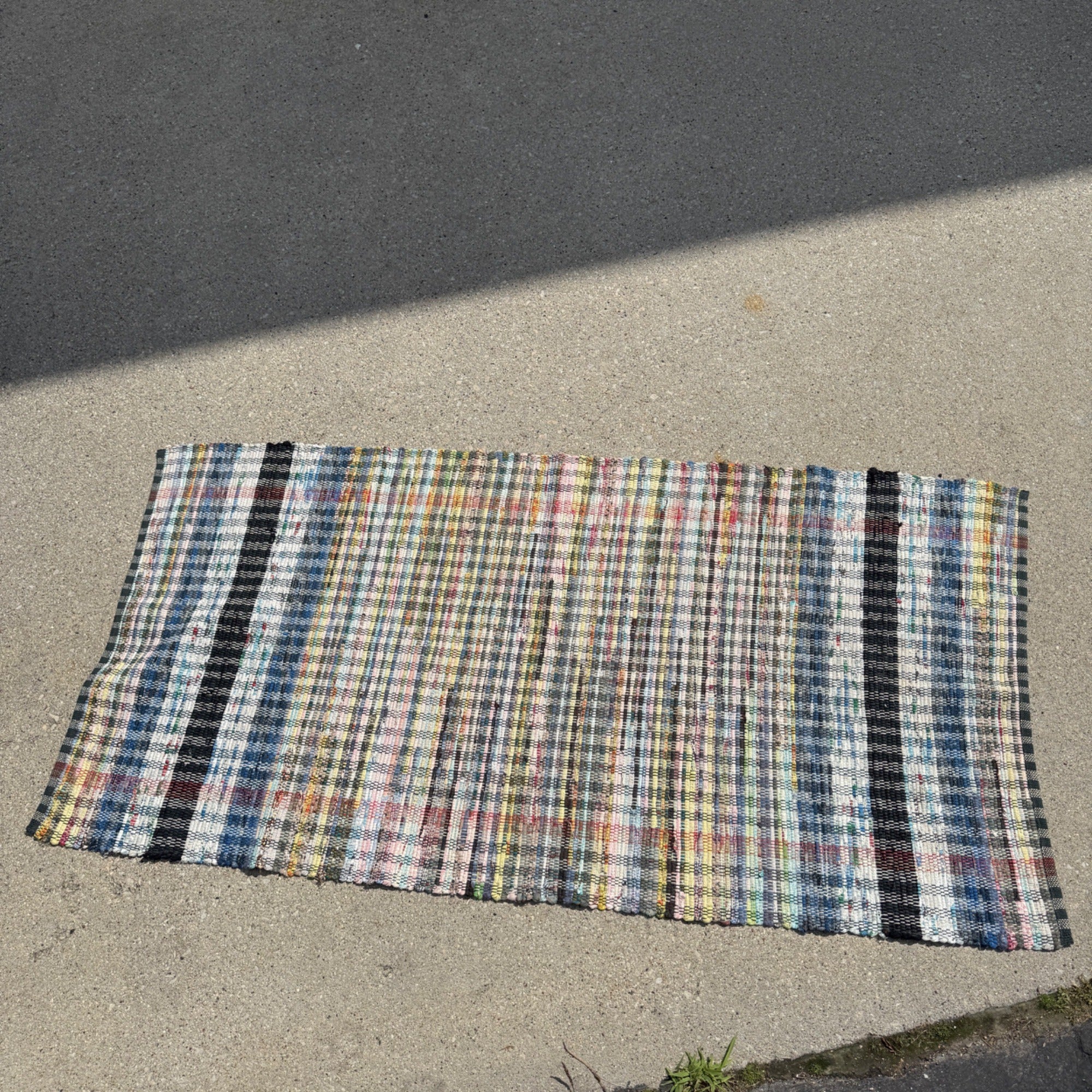 Handwoven Colorful Rag Rug Multi-Color Striped Design Boho Style 1970s Vintage Floor Decor