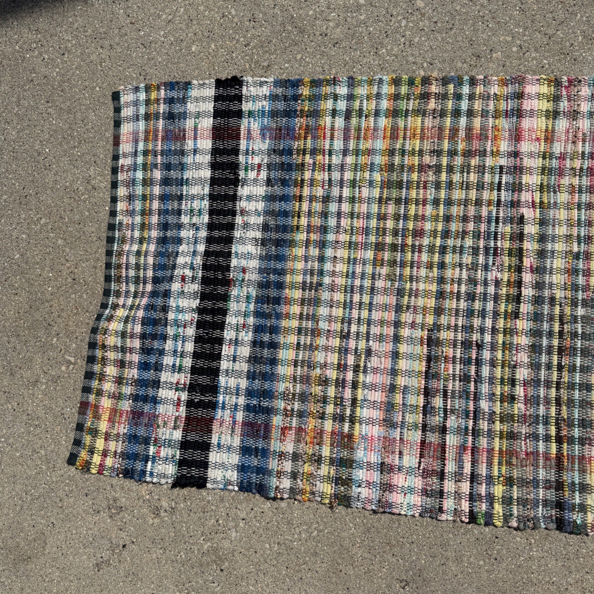Handwoven Colorful Rag Rug Multi-Color Striped Design Boho Style 1970s Vintage Floor Decor