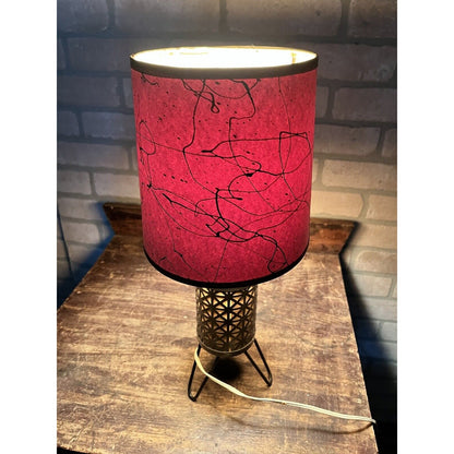 Vintage 1950s MCM Hairpin Leg Table Lamp w/ Spaghetti Fiberglass Red Glow Shade