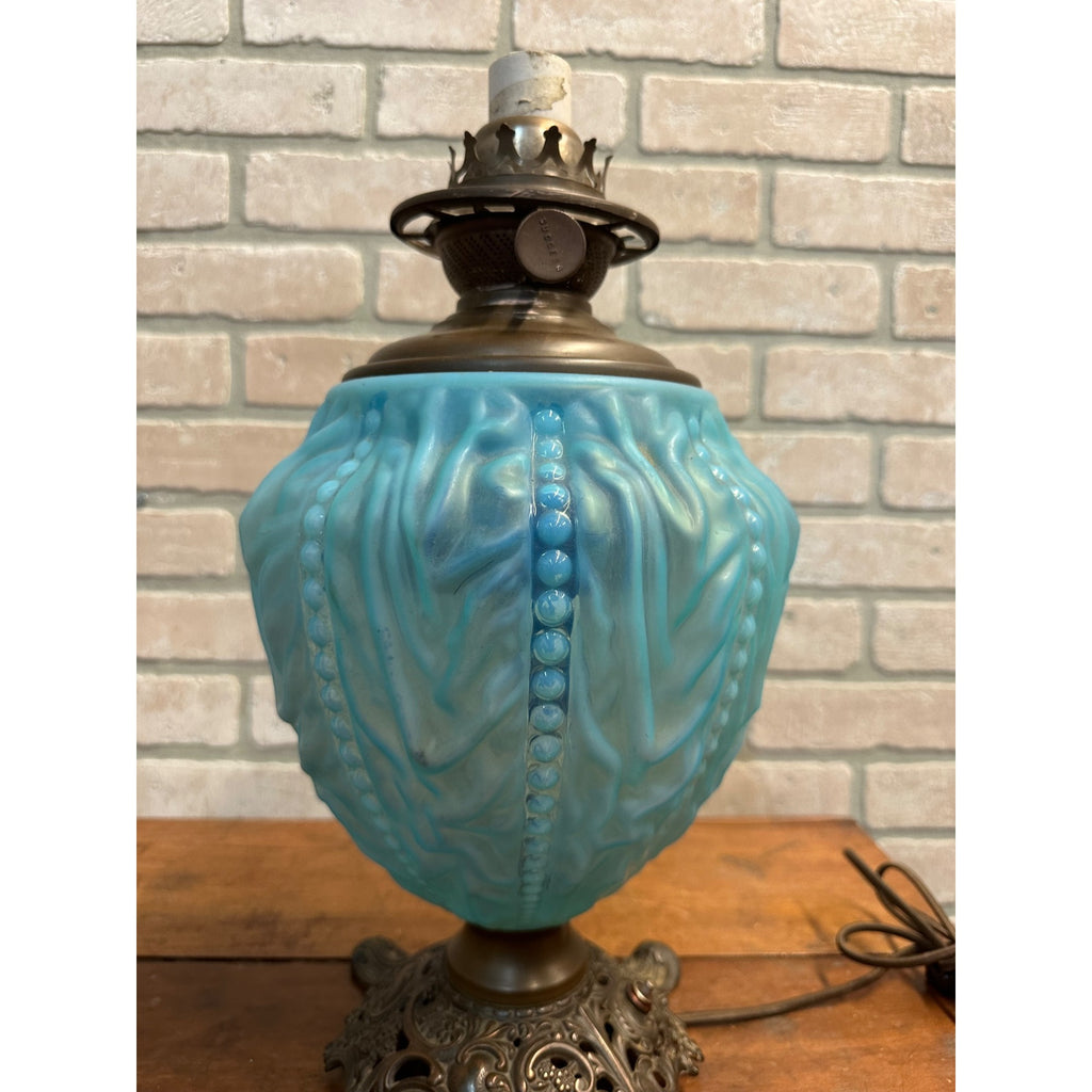 Antique Pittsburgh Lamp Co. Blue Satin Beaded Drape GWTW Oil Lamp Electrified