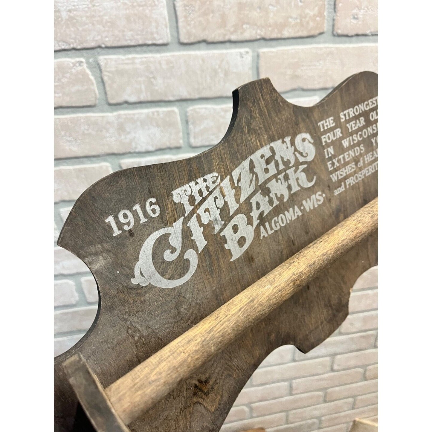 Antique 1916 "The Citizen's Bank" Algoma Wis Wooden Advertising Towel Rack Wall