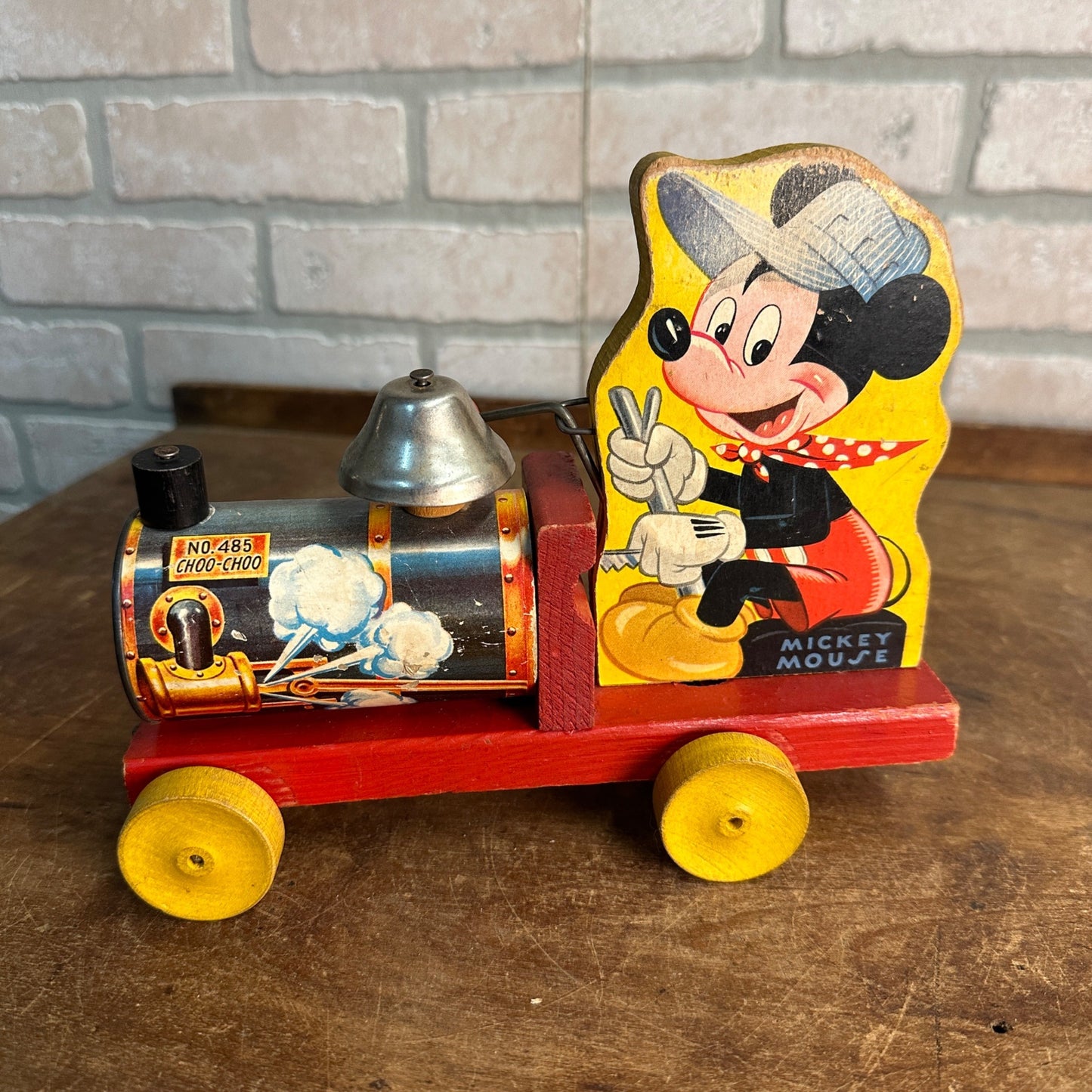 Vintage 1940s Fisher Price Mickey Mouse Train Wooden Child's Pull Toy No. 485