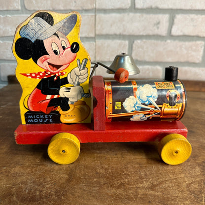 Vintage 1940s Fisher Price Mickey Mouse Train Wooden Child's Pull Toy No. 485