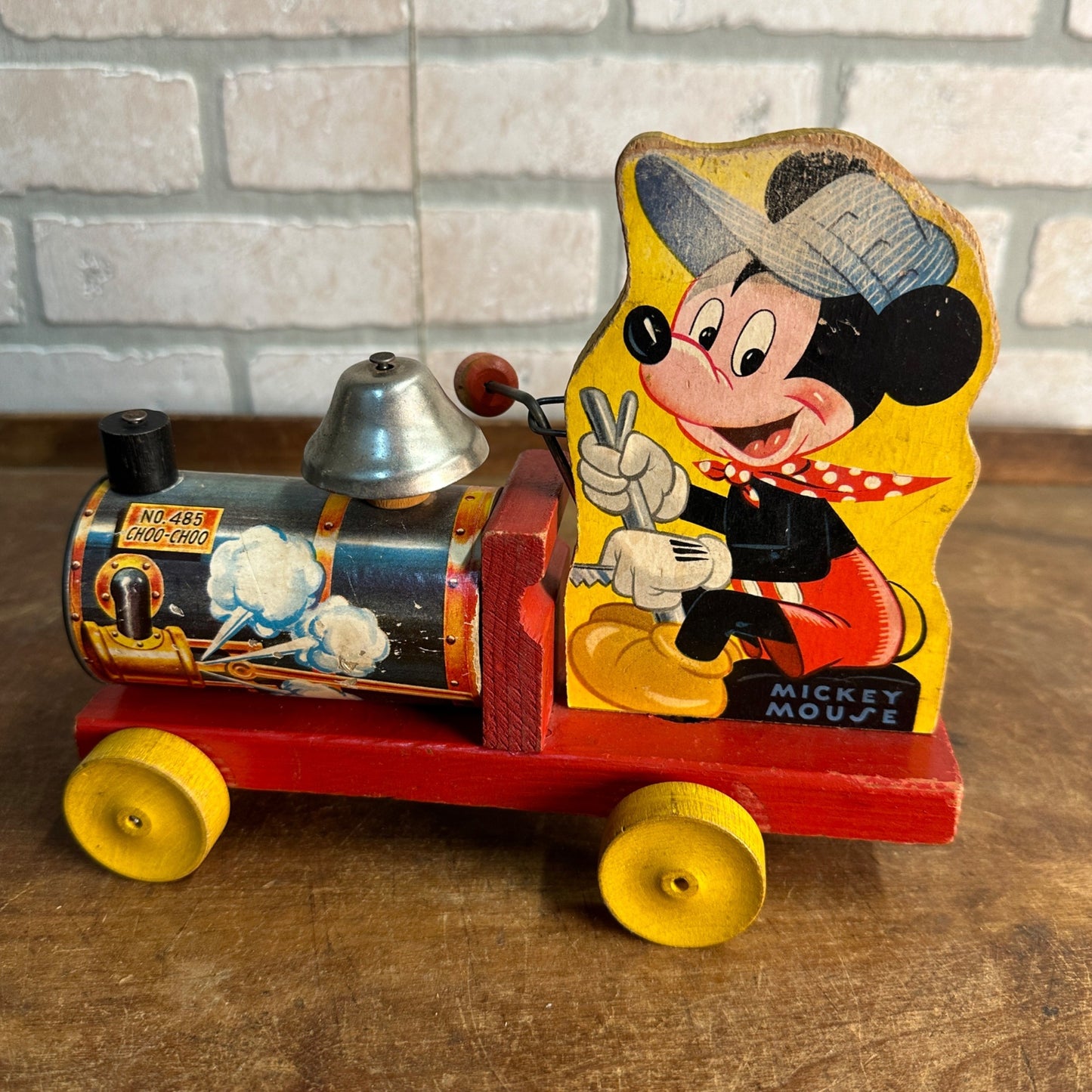 Vintage 1940s Fisher Price Mickey Mouse Train Wooden Child's Pull Toy No. 485