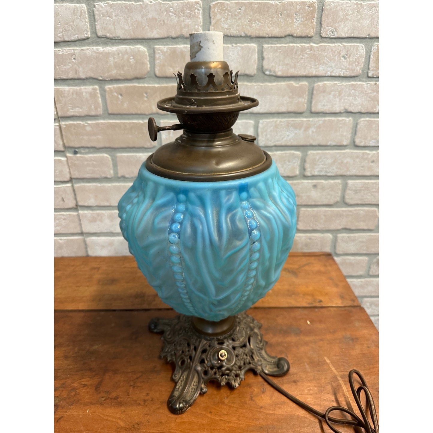 Antique Pittsburgh Lamp Co. Blue Satin Beaded Drape GWTW Oil Lamp Electrified