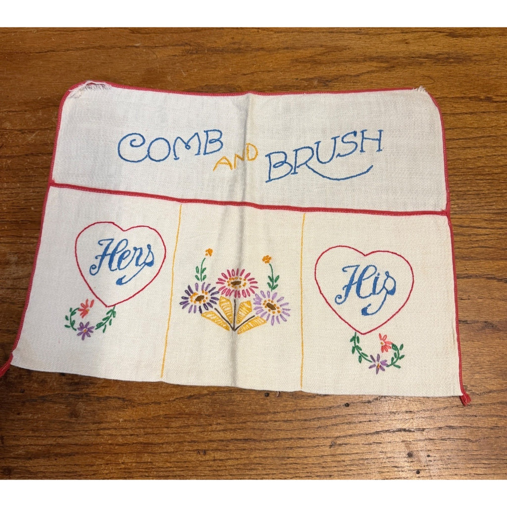 Vintage Hand-Embroidered Comb & Brush Pocket Holder His & Hers Organizer