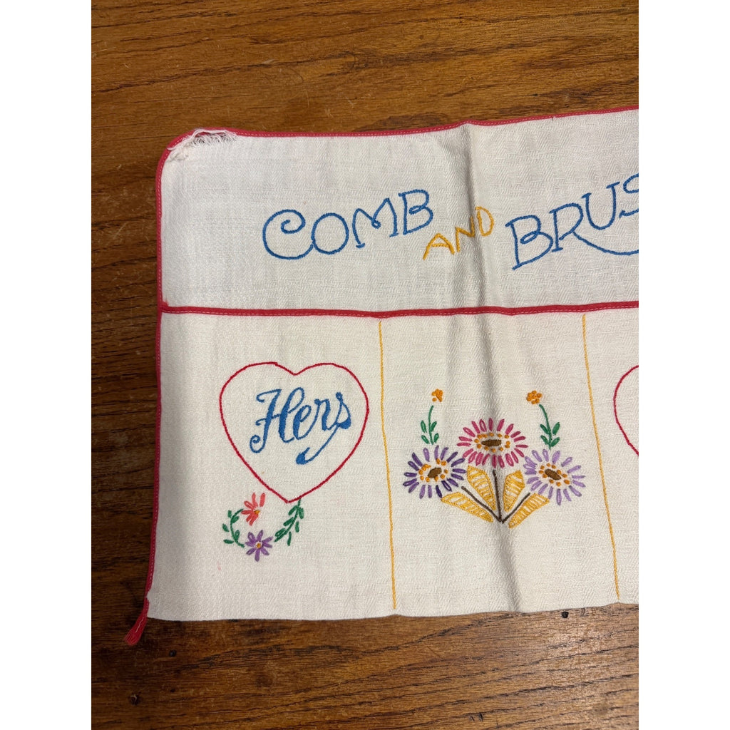 Vintage Hand-Embroidered Comb & Brush Pocket Holder His & Hers Organizer