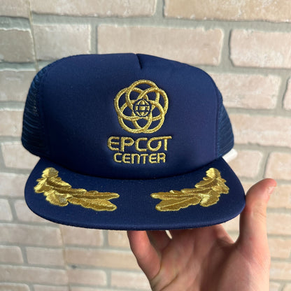 DISNEY EPCOT CENTER TRUCKER HAT 1980S NAVY GOLD LEAF MESH SNAPBACK CAP