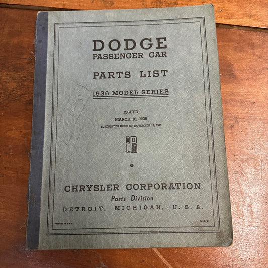 Vintage Dodge Passenger Car Parts List Book - 1936 Models - Chrysler Corp