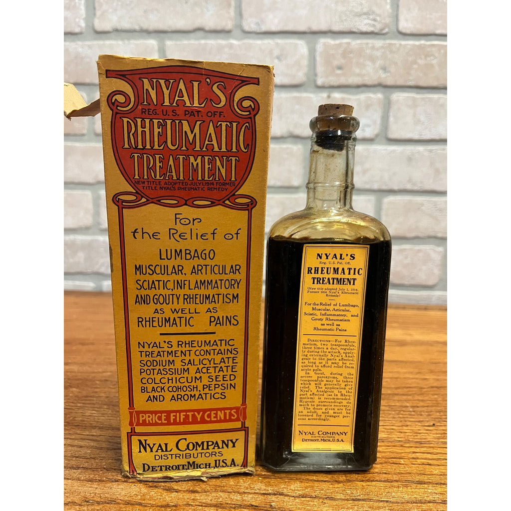 Antique Nyal's Rheumatic Treatment Bottle Box Full Unopened Detroit MI Medicine
