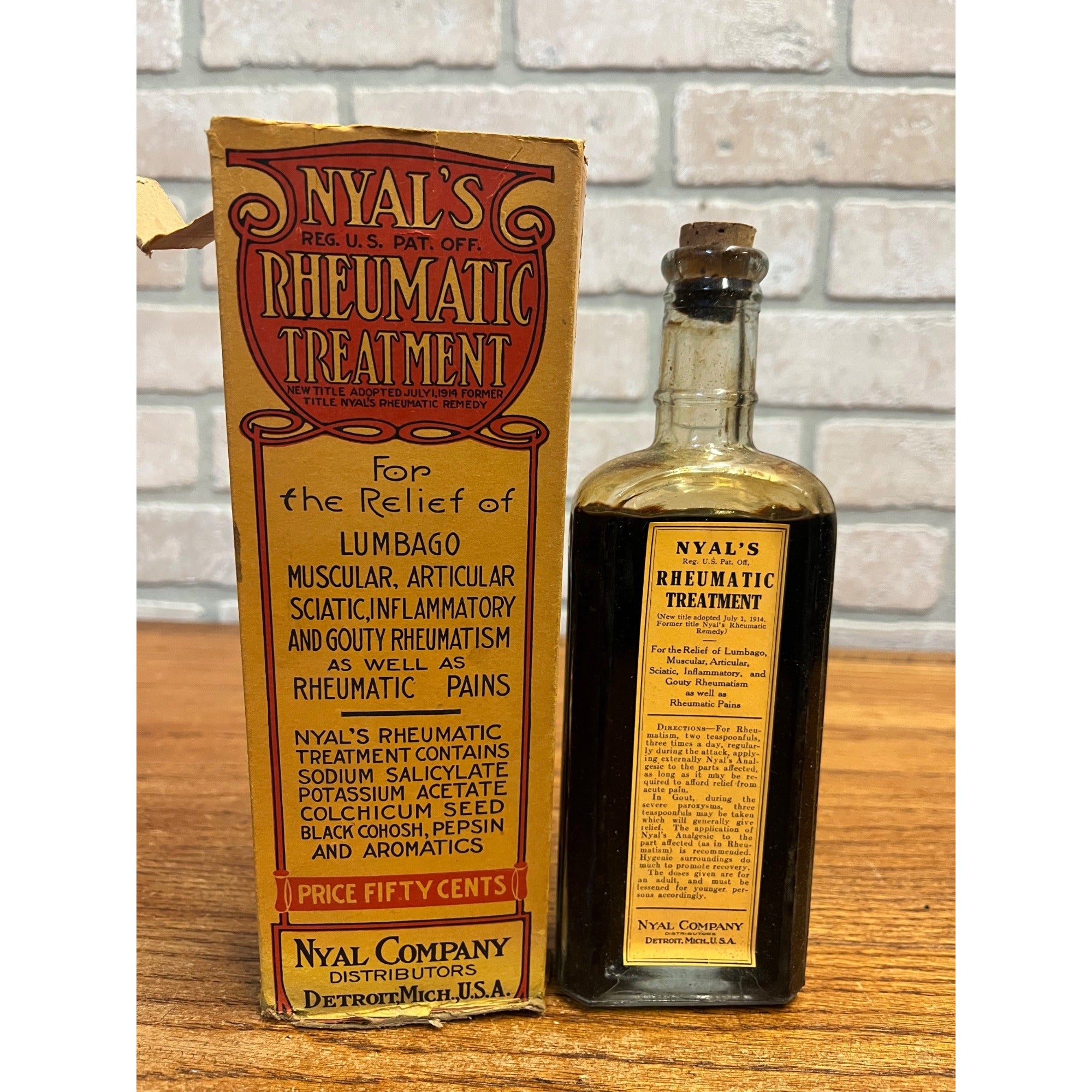 Antique Nyal's Rheumatic Treatment Bottle Box Full Unopened Detroit MI Medicine