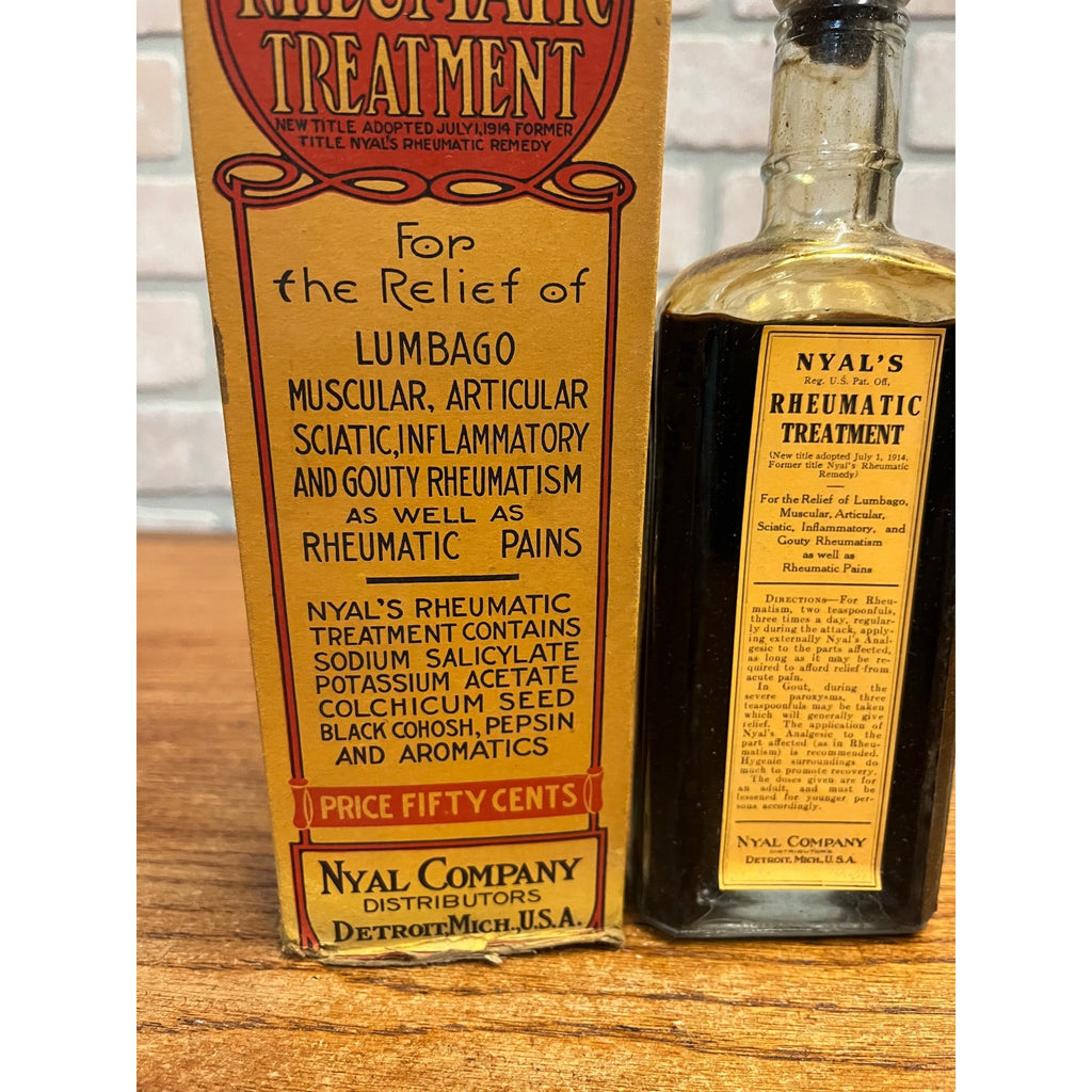 Antique Nyal's Rheumatic Treatment Bottle Box Full Unopened Detroit MI Medicine