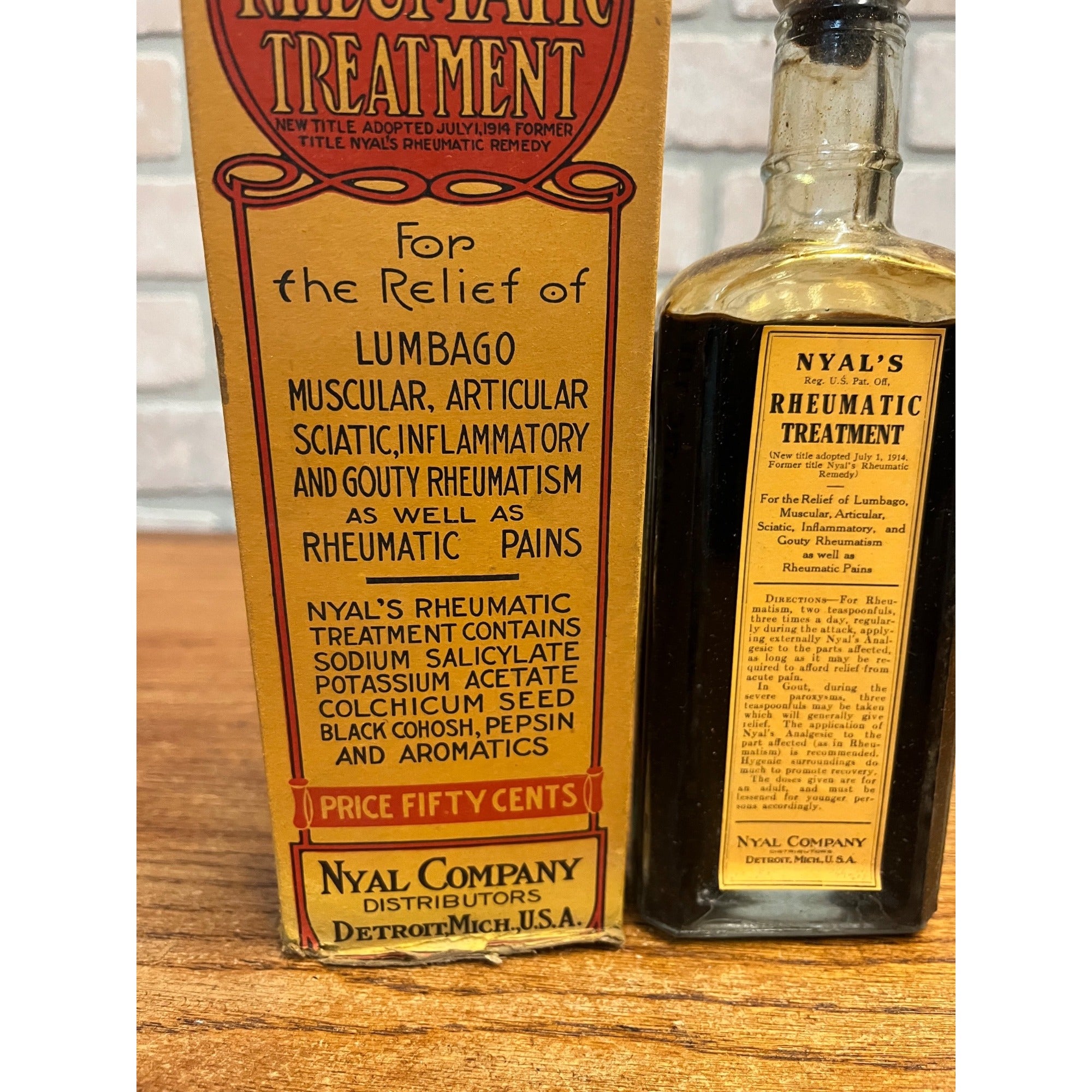 Antique Nyal's Rheumatic Treatment Bottle Box Full Unopened Detroit MI Medicine