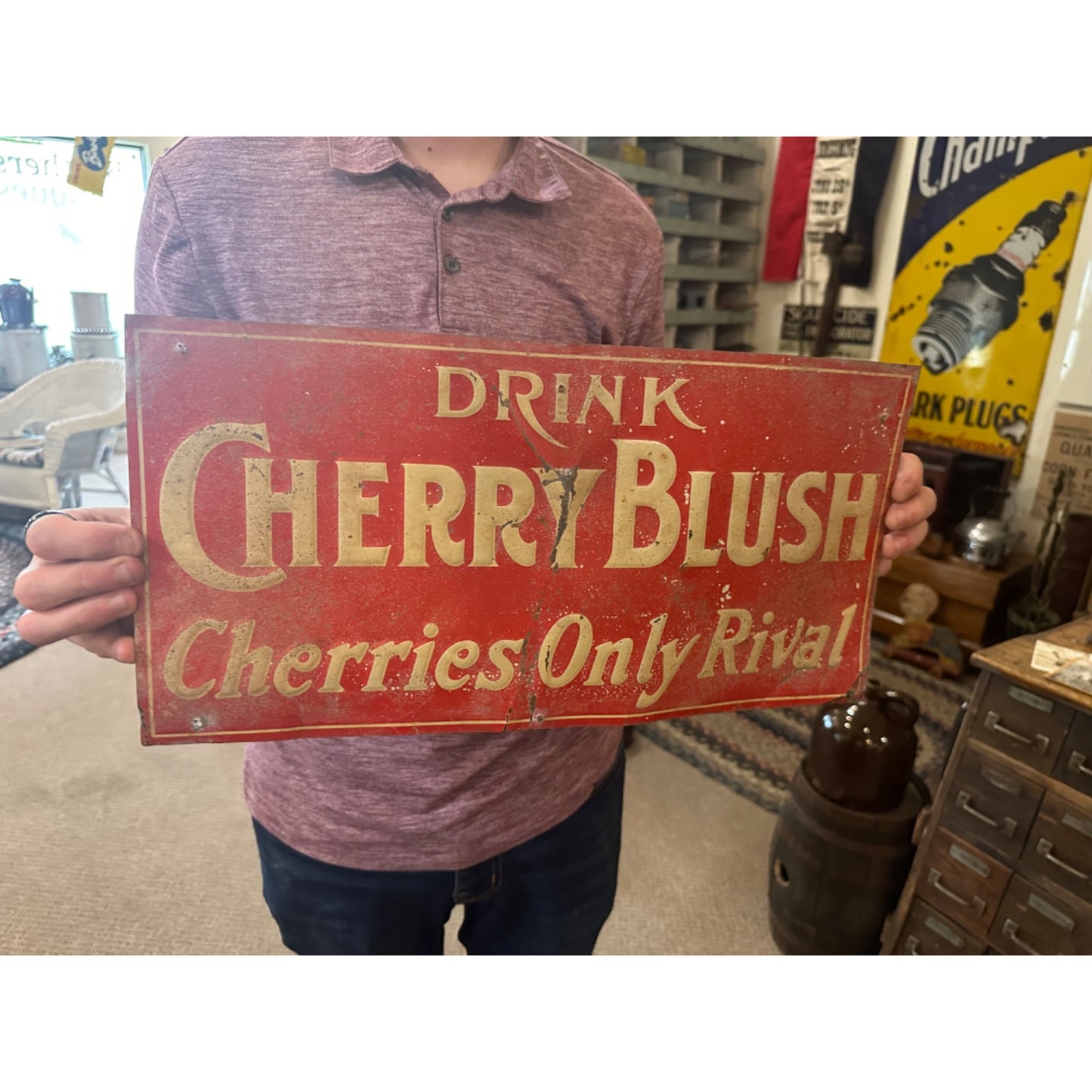 Vintage Early 1900s Cherry Blush Soda Tin Embossed Advertising Sign