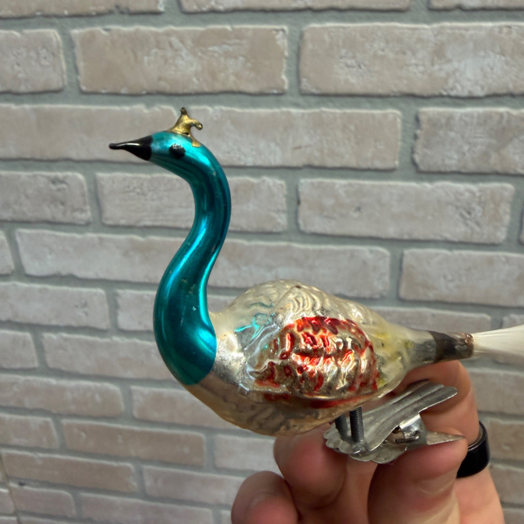 Antique Germany Glass Clip On Bird Ornament Blue Colored Cotton Spun Tail